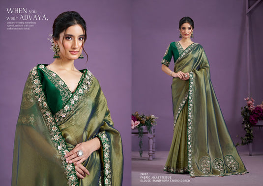 Classic Black Hand Work Two Tone Satin Silk Banarasi Crush Sequins Embroidered Tissue Saree For Women