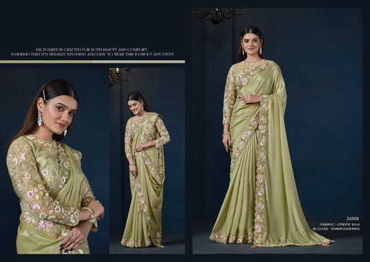 Designer Pink Hand Embroidery Work Crepe Satin Silk Festive Wear Saree For Women