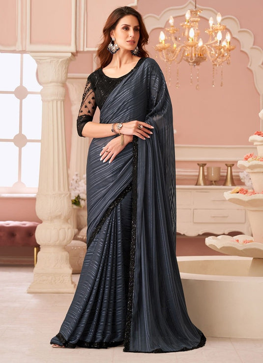 Elegant Purple Satin Shimmer Chiffon Georgette Embroidered Festive Saree For Women