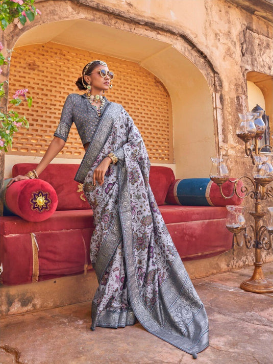 Beige Poly Viscose Silk Floral Print Festive Wear Woven Saree