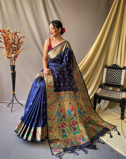 Navy Blue Paithani Soft Silk Peacock Motif Saree