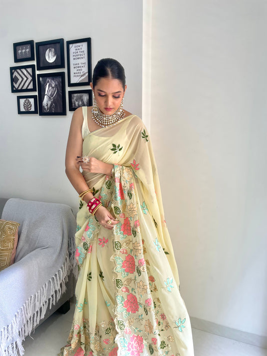 Light Yellow Designer Heavy Georgette Sequence Embroidered Work Saree