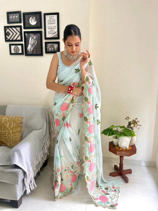Sky Blue Designer Heavy Georgette Sequence Embroidered Work Saree