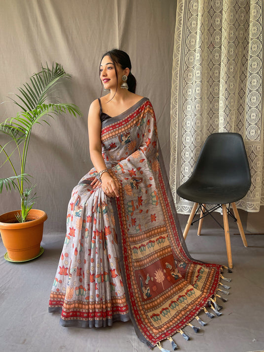 Light Grey Malai Cotton Kalamkari Print Saree