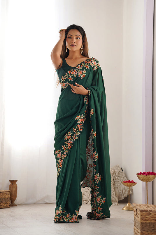 Teal Blue Sequins Embroidered Vichitra Silk Party Wear Saree