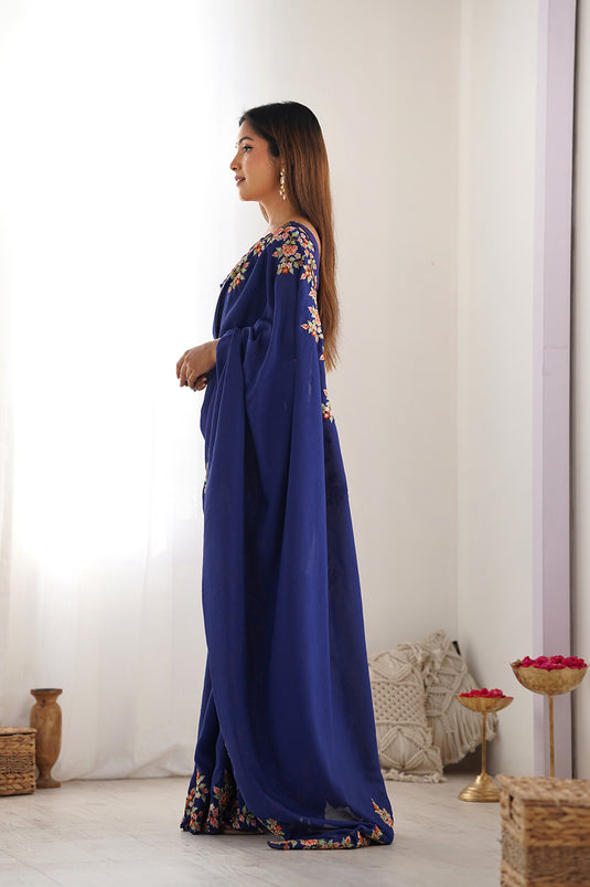 Teal Blue Sequins Embroidered Vichitra Silk Party Wear Saree