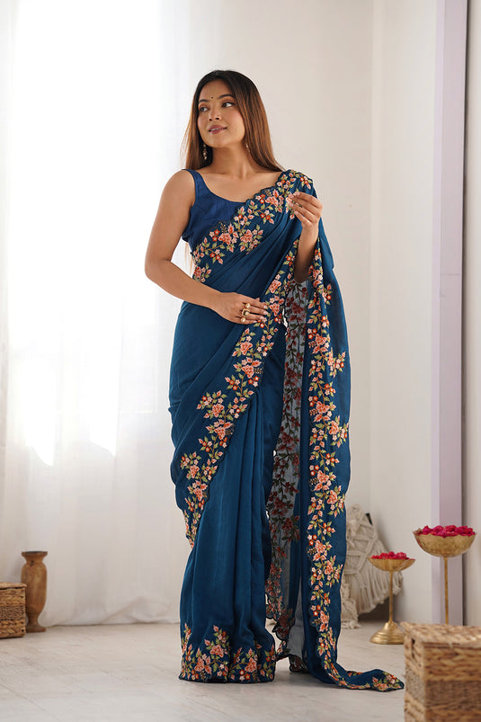 Teal Blue Sequins Embroidered Vichitra Silk Party Wear Saree