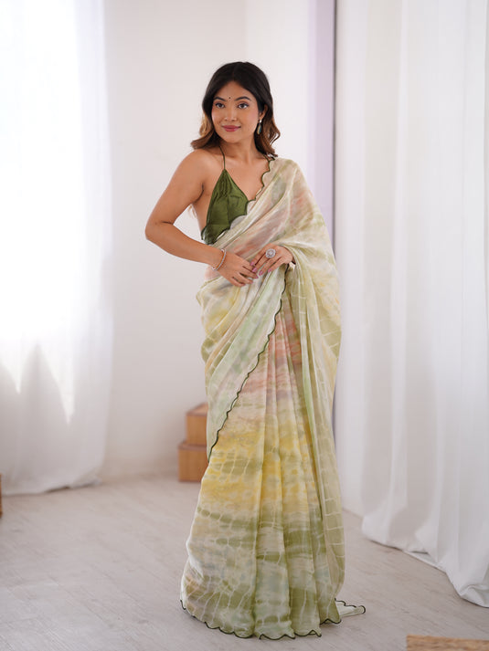 Cream Batik Print Satin Space Silk Party Wear Saree For Women