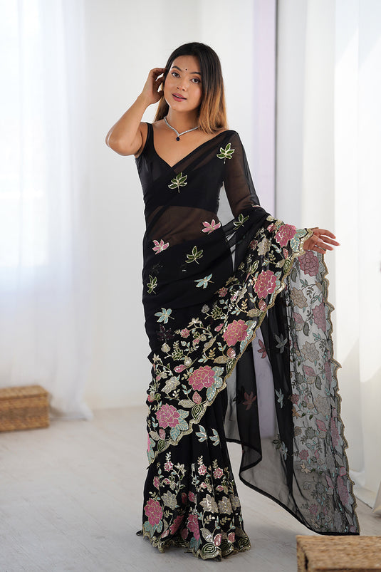 Wine Sequins Embroidered Georgette Party Wear Saree For Women