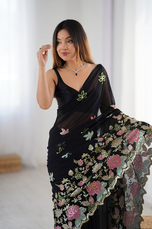 Wine Sequins Embroidered Georgette Party Wear Saree For Women