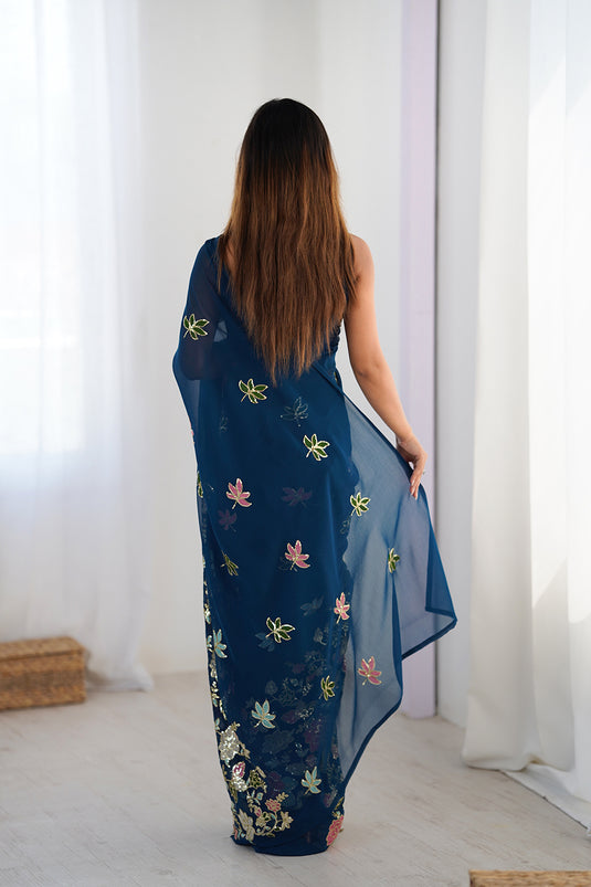 Wine Sequins Embroidered Georgette Party Wear Saree For Women