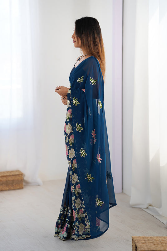 Wine Sequins Embroidered Georgette Party Wear Saree For Women