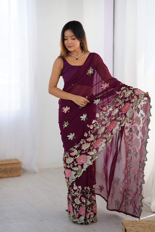 Wine Sequins Embroidered Georgette Party Wear Saree For Women
