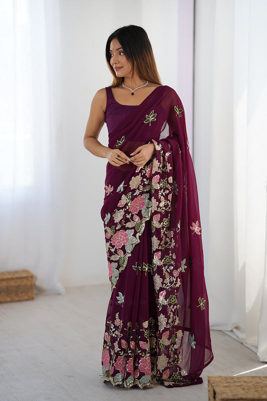 Wine Sequins Embroidered Georgette Party Wear Saree For Women