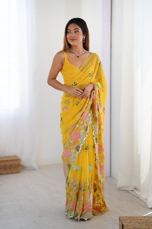 Wine Sequins Embroidered Georgette Party Wear Saree For Women