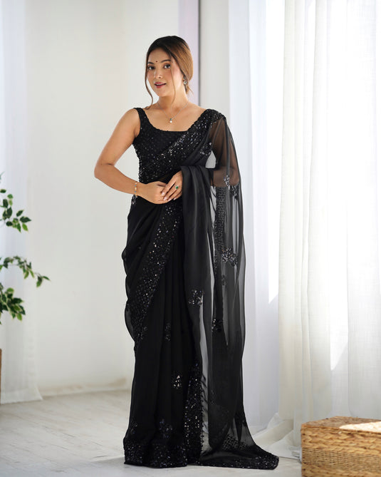 Black Sequins Embroidered Georgette Party Wear Saree For Women