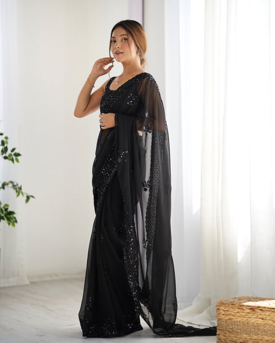 Black Sequins Embroidered Georgette Party Wear Saree For Women