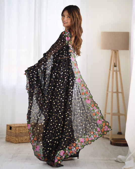 Wine Sequins Embroidered Georgette Party Wear Saree For Women