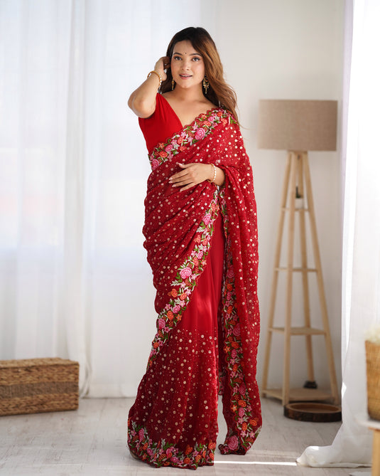 Wine Sequins Embroidered Georgette Party Wear Saree For Women