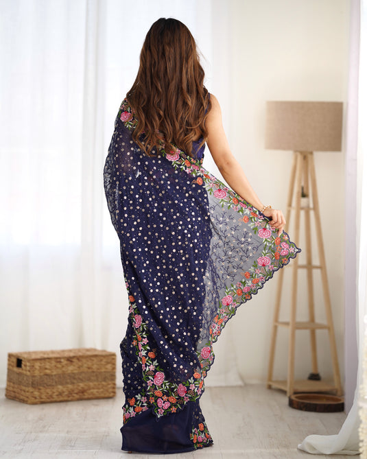 Wine Sequins Embroidered Georgette Party Wear Saree For Women