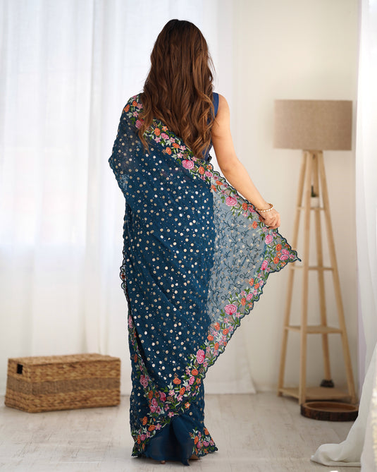 Wine Sequins Embroidered Georgette Party Wear Saree For Women