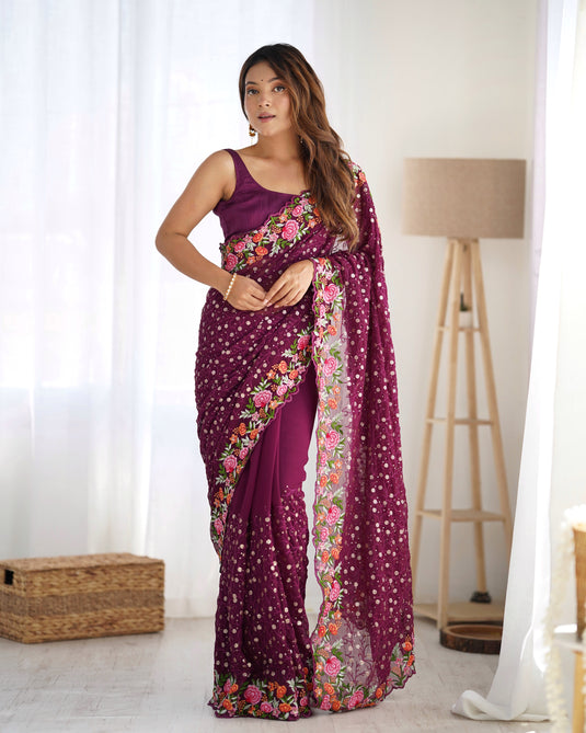 Wine Sequins Embroidered Georgette Party Wear Saree For Women