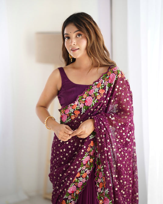 Wine Sequins Embroidered Georgette Party Wear Saree For Women