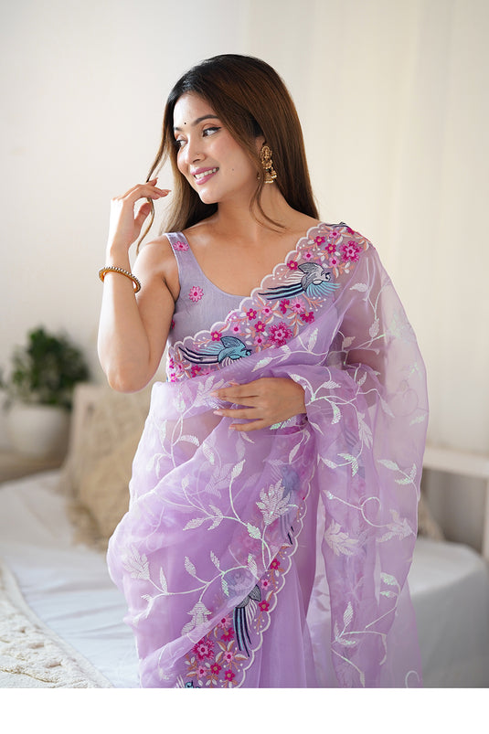 White Sequins Embroidered Organza Festive Saree For Women