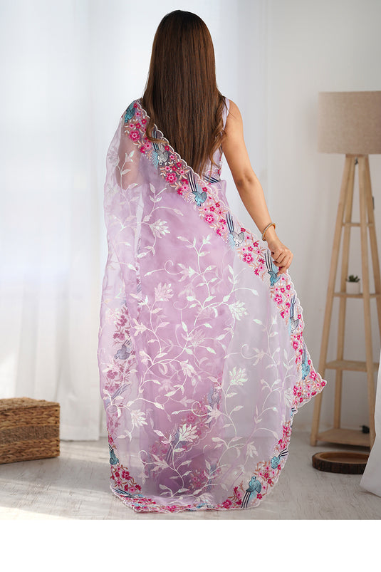 White Sequins Embroidered Organza Festive Saree For Women