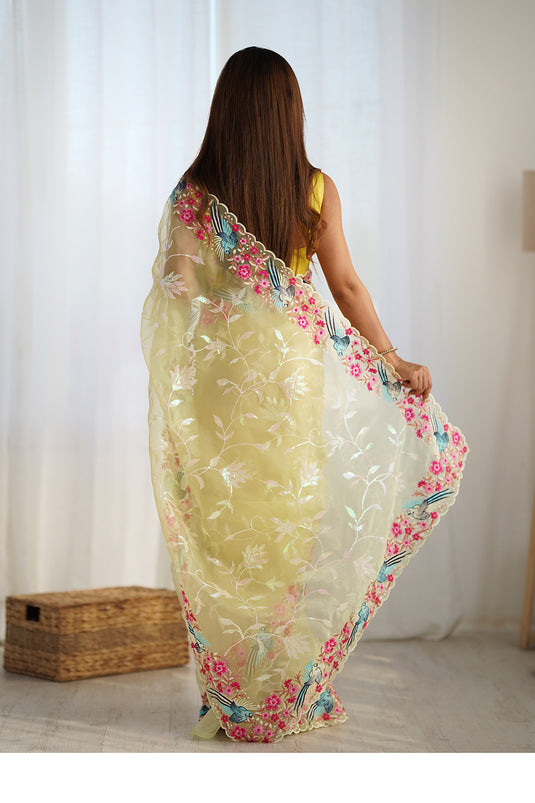 White Sequins Embroidered Organza Festive Saree For Women