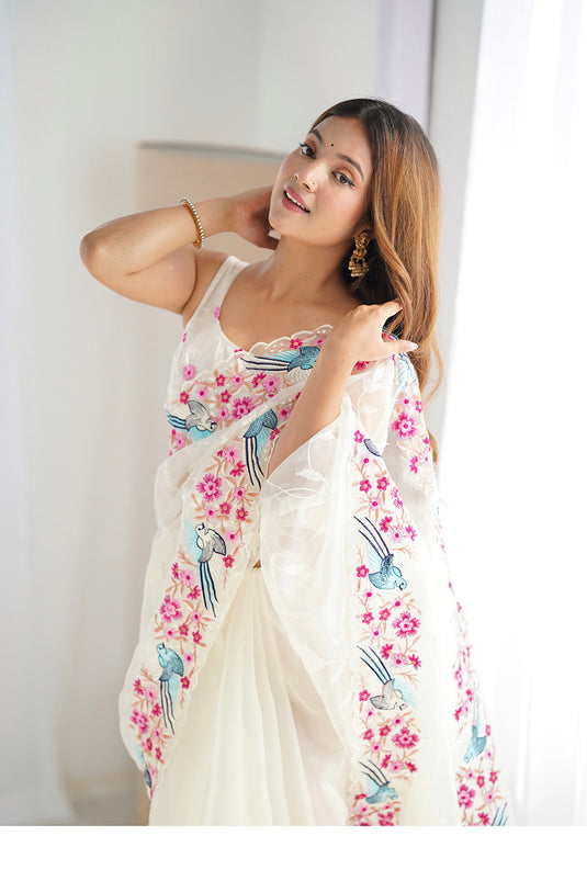 White Sequins Embroidered Organza Festive Saree For Women