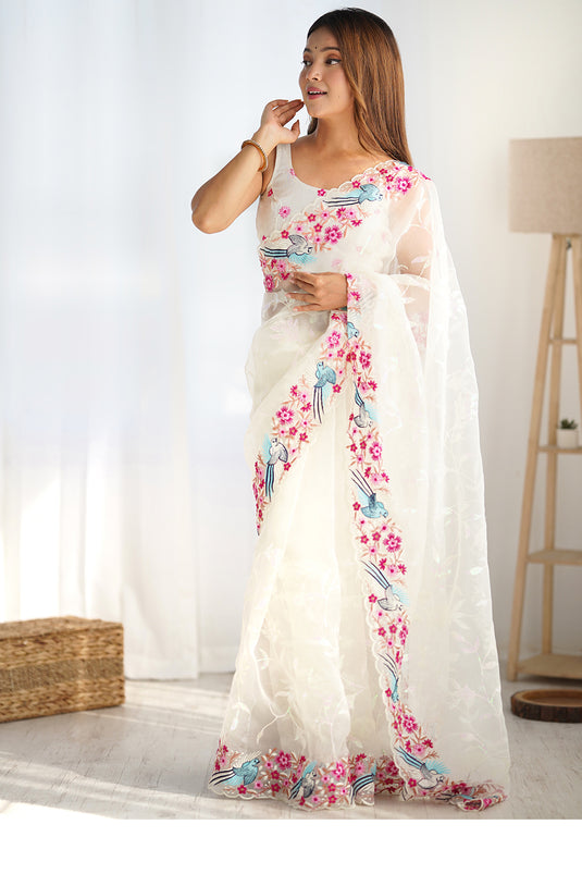 White Sequins Embroidered Organza Festive Saree For Women