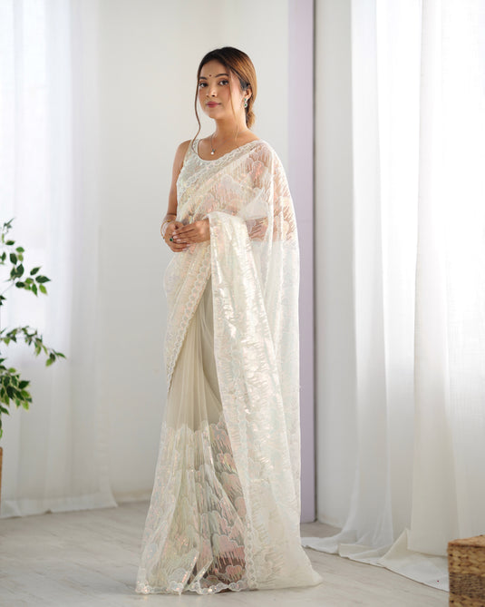 White Embroidered Soft Butterfly Net Party Wear Saree For Women