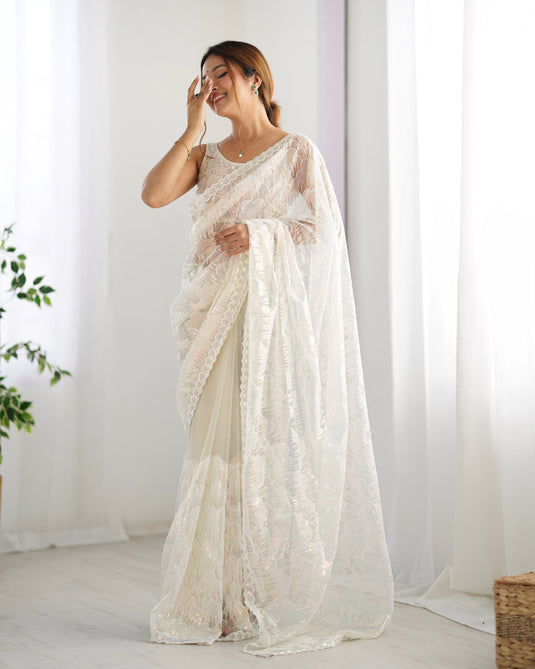 White Embroidered Soft Butterfly Net Party Wear Saree For Women