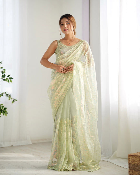 White Embroidered Soft Butterfly Net Party Wear Saree For Women