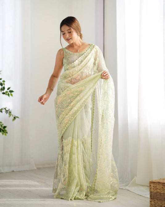 White Embroidered Soft Butterfly Net Party Wear Saree For Women