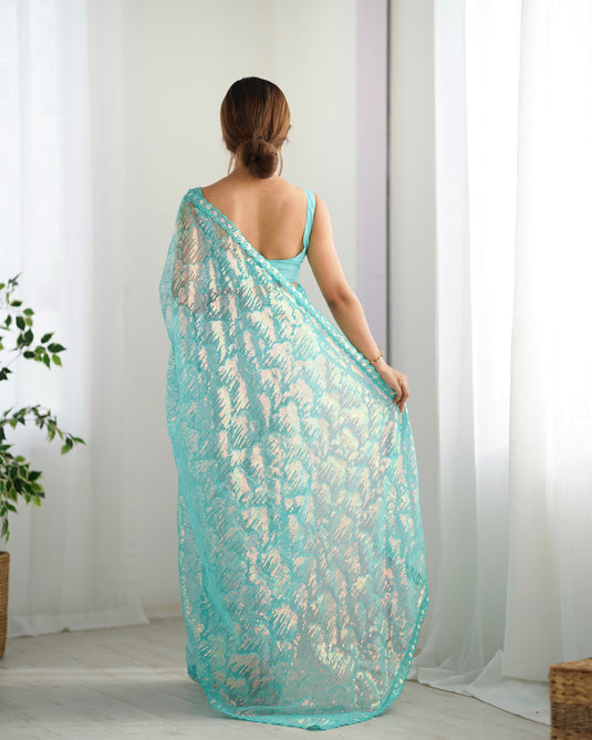 White Embroidered Soft Butterfly Net Party Wear Saree For Women
