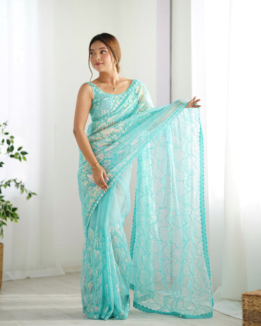 White Embroidered Soft Butterfly Net Party Wear Saree For Women