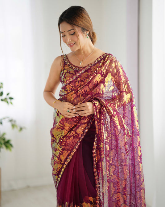 White Embroidered Soft Butterfly Net Party Wear Saree For Women