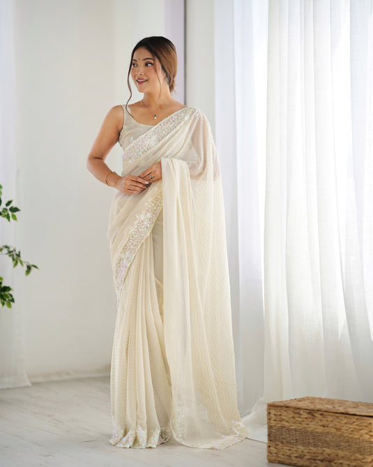 White Sequins Embroidered Georgette Party Wear Saree For Women