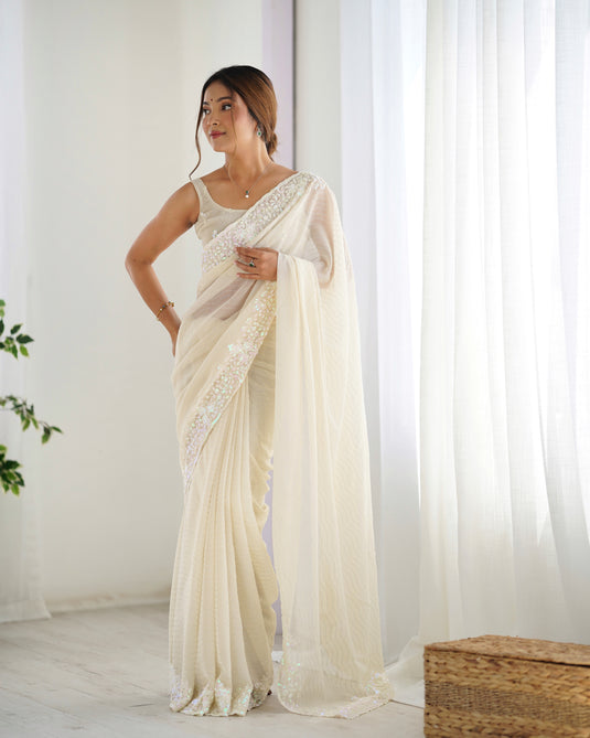 White Sequins Embroidered Georgette Party Wear Saree For Women