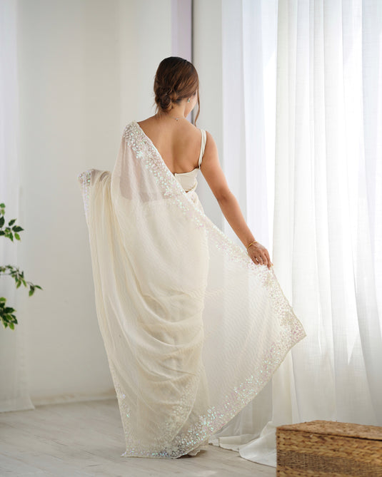 White Sequins Embroidered Georgette Party Wear Saree For Women