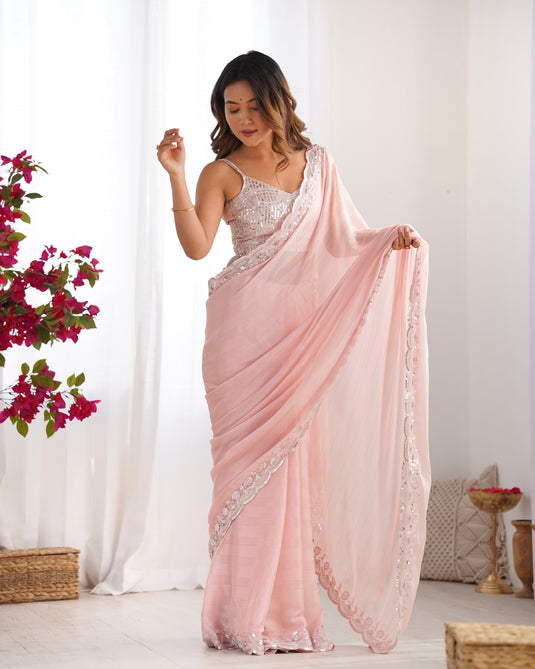 Baby Pink Sequins Embroidered Chiffon Ceremonial Wear Saree For Women