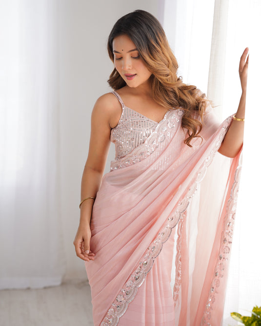 Baby Pink Sequins Embroidered Chiffon Ceremonial Wear Saree For Women