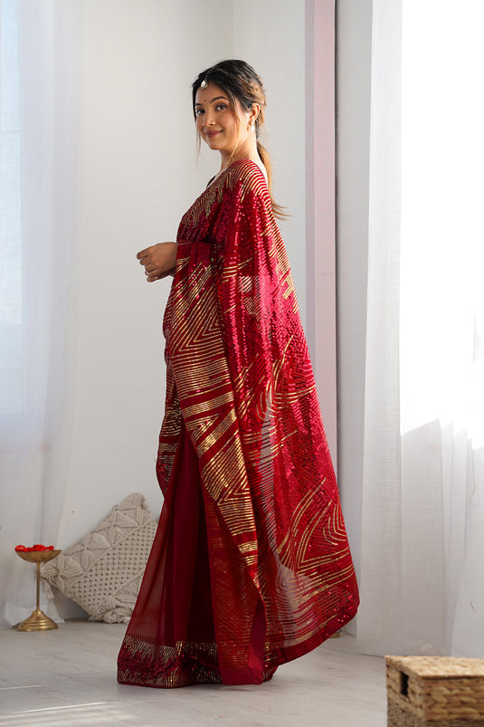 Wine Sequins Embroidered Georgette Party Wear Saree For Women