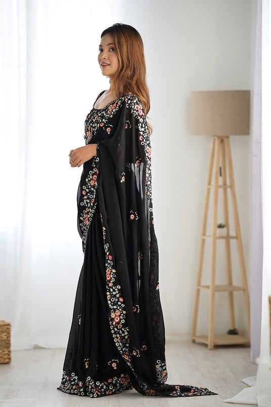 Black Sequins Embroidered Satin Chiffon Party Wear Saree For Women