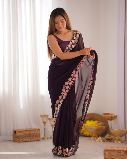 Wine Sequins Embroidered Georgette Party Wear Saree For Women