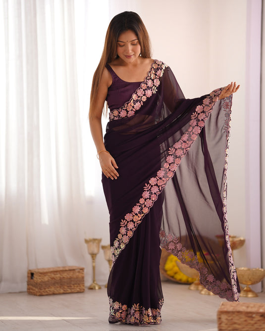 Wine Sequins Embroidered Georgette Party Wear Saree For Women