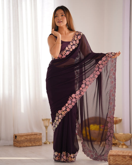 Wine Sequins Embroidered Georgette Party Wear Saree For Women