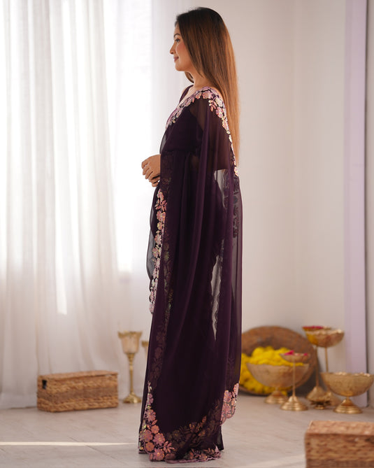 Wine Sequins Embroidered Georgette Party Wear Saree For Women